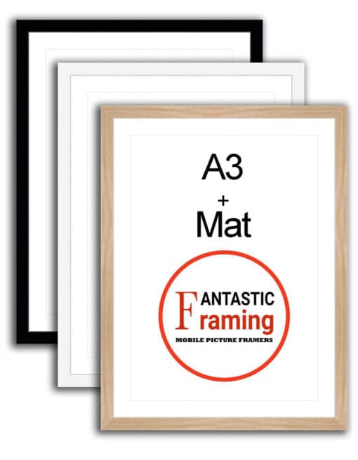 3 A3 picture frames in black, white, and wood finish, featuring Fantastic Framing logo.