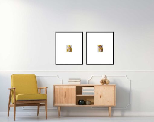 Modern living room with a yellow armchair, wooden console, and two framed pictures on the wall
