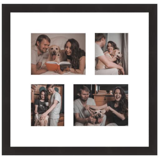 Framed collage of couple with their dog in various moments