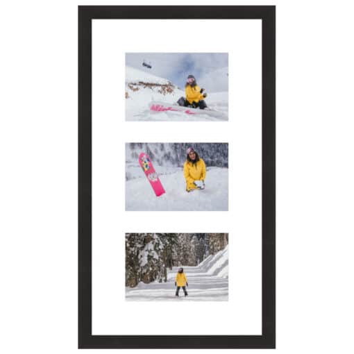 Framed photos of snowboarder in yellow jacket in snowy landscape.